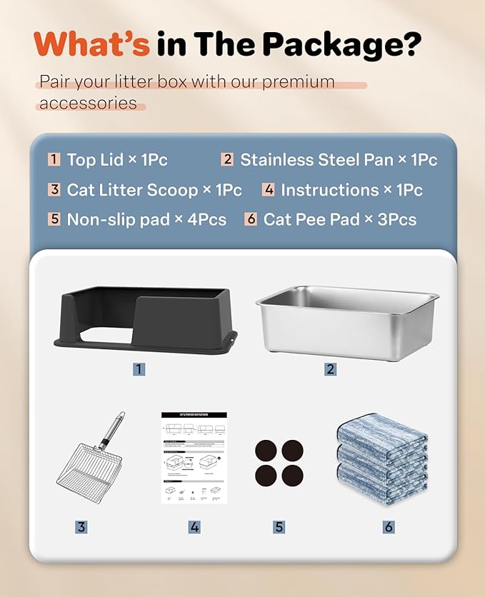 Stainless Steel Litter Box with Lid, 23.5" L x 15.8" W x 12.6" H, XL Metal Cat Box for Big Cats, High Sided Kitty Litter Box with Scoop & Pee Pads, Non-Sticky, Anti-Leakage, Easy to Clean (Black)