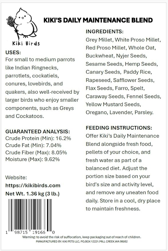 Premium Parrot Food| Protein-Rich Low-Fat Formula | Cockatiel, Conure, Lovebird, Quaker, Parrotlet | No Corn, Soy, Peanuts | Gourmet Whole Grains & Seeds | Daily Maintenance Blend (3 lbs)