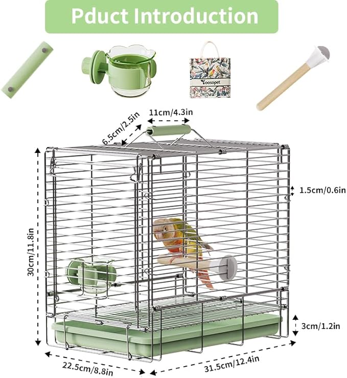 Bird Carrier Travel Cage - 304 Stainless Steel Portable Folding Bird Travel Cage with Parrot Feeder Cups & Standing Perch for Smaller Birds Conures Lovebird Cockatiel Parakeets (Green)