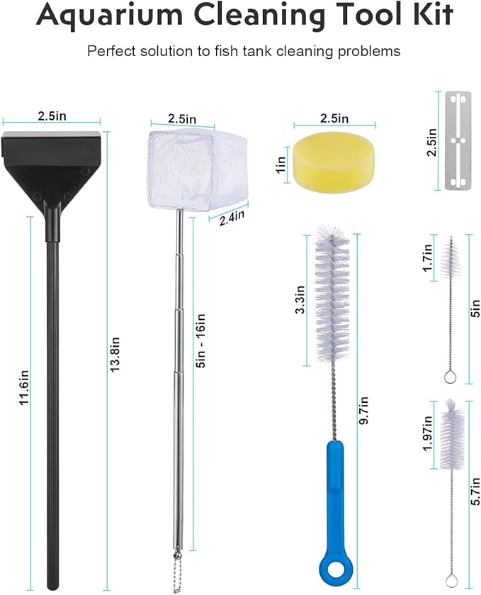 Fish Tank Cleaning Kit: Algae Scraper for Aquariums Glass Scrubber Cleaner Tools with Handle - 7 in 1 Betta Fish Tanks Cleaning Accessories Set Including Fishing Net Sponge Brush Pump Brush