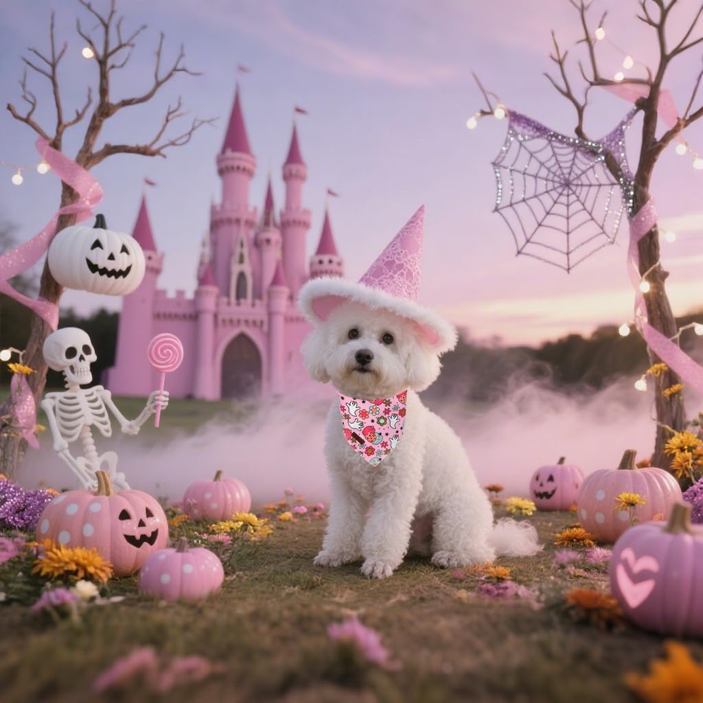 Lionet Paws Halloween Dog Bandana Washable Cotton Handkerchief Scarf Triangle Flower Ghost Pink Bandanas for Small Medium Dogs Girl