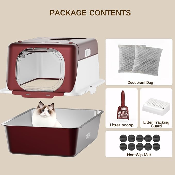XX-Large Stainless Steel Cat Litter Box with Lid – Fully Enclosed Large Litter Box for Big Cats, Odor Control with Magnetic Door, Easy Clean, Multi-Cat Durable Metal Pan (Burgundy)