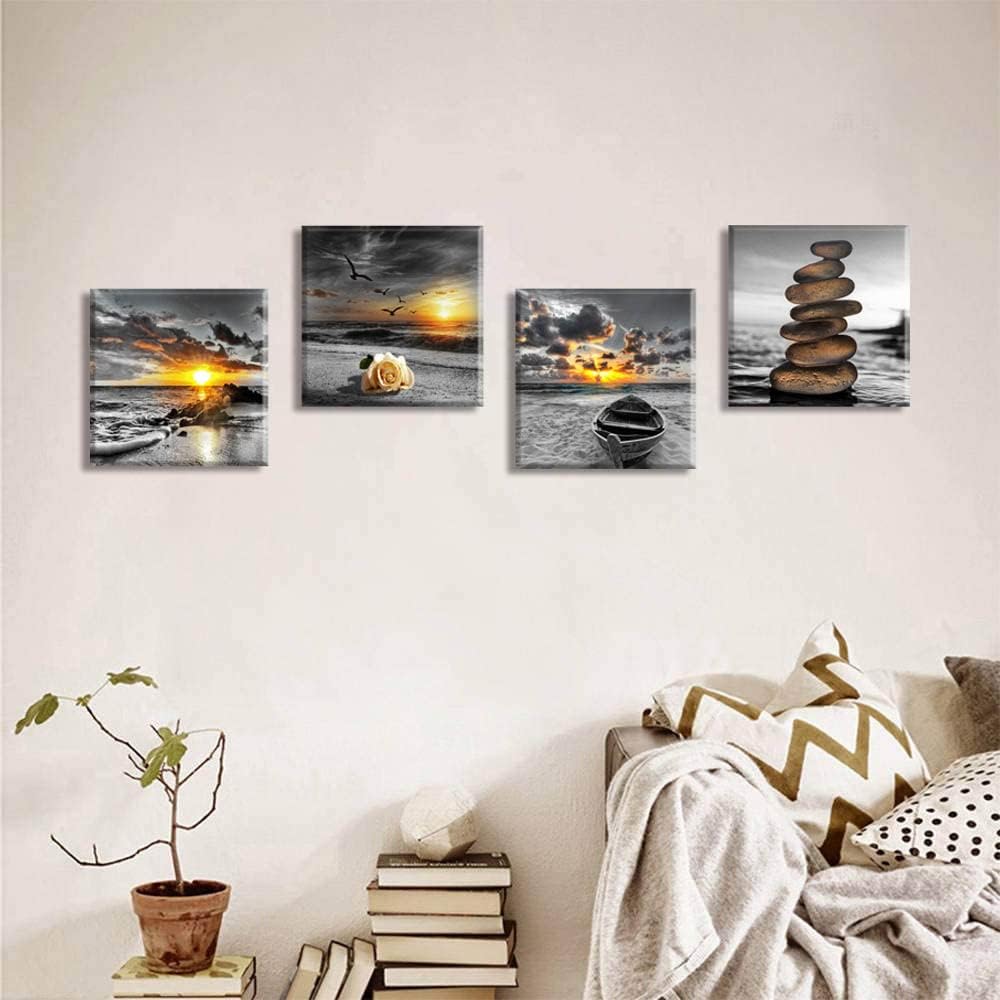 Yxbhhym Black and White Gold Beach Wall Art Ocean Canvas Seascape Prints Posters Zen Wall Decor Sea Sunrise Scenery Wall Pictures Coastal Paintings for bathroom Wall Art Framed -12"x12"inches x 4 pcs
