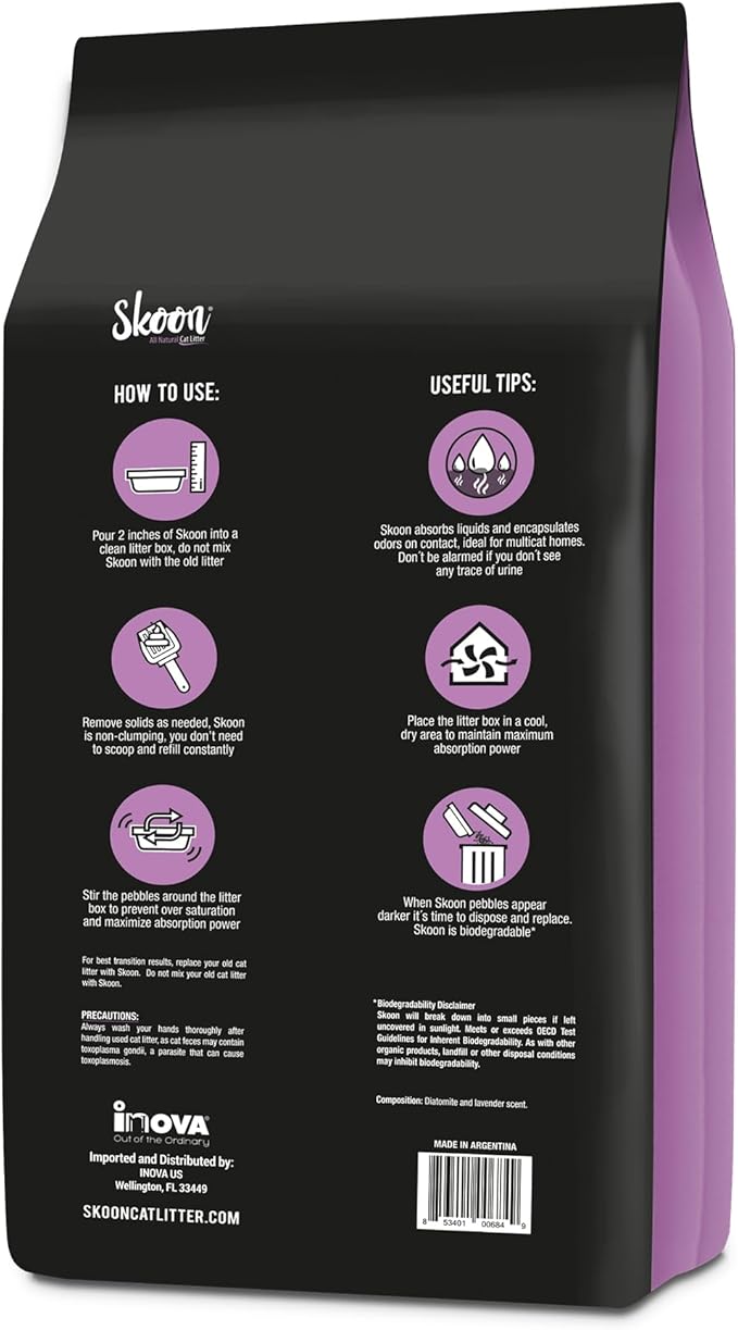 Skoon All Natural Cat Litter (2 Bags) - Lavender - Lightweight, Low Tracking, Non-Clumping Diatom Pebbles Absorb, Lock, and Seal Waste for Best Odor Control