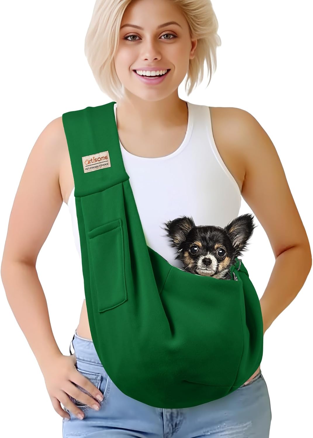 Pet Dog Sling Carrier for 3-10 lbs pet,Dog Purse Pouch,Dog Satchel,Reversible unadjustable Strap Travel Hand-Free Safe Bag Small Puppy Backpack (EmeraldGreen)