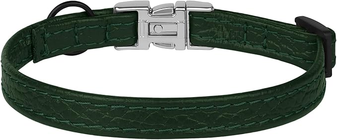 Leather Cat Collar with Buckle and Removable Bell - Non Breakaway Adjustable Soft Safety Small Pet Collars for Girl Boy Cats Kitten (Green)