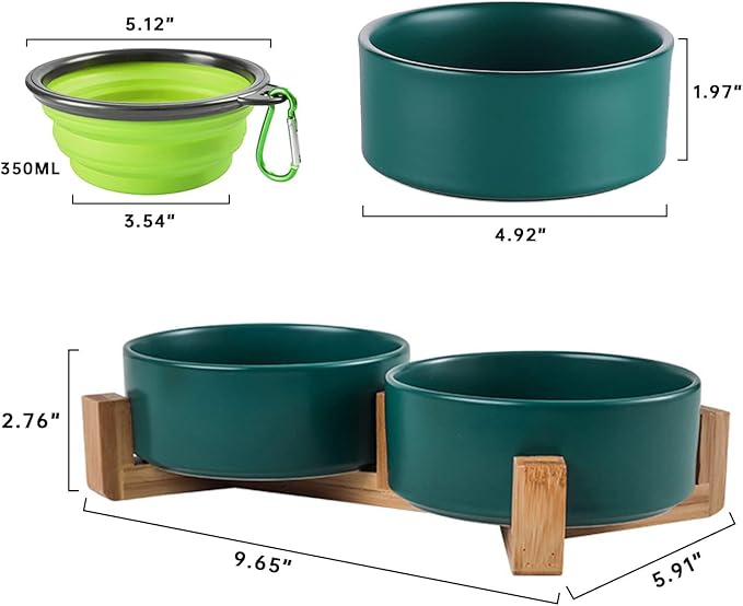 Petygooing Dog Bowls,Green Ceramic Cat Dog Bowl Set with Stand for Food and Water Feeder,Non-Slip Cute Modern Pet Dishes for Cats Small and Medium Size Dogs (28OZ/6.1 in)