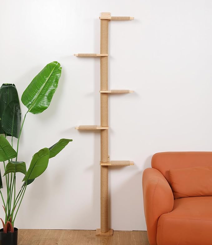 5 Tier Floor to Ceiling Cat Tree Tower with Wall-Mounted Scratching Post, Playful Wall Climbing Shelves for Cats, Ideal for Kittens to Climb, Scratch, and Lookout, Wild Simulation Design