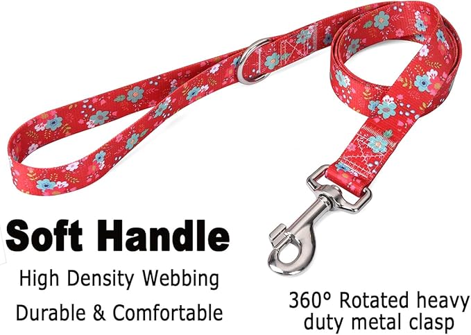 Dog Collar and Leash Set with Bohemia Floral Tribal Geometric Patterns - Soft Ethnic Style Collar Adjustable for Small Medium Large Dogs(Red Floral Set,S)