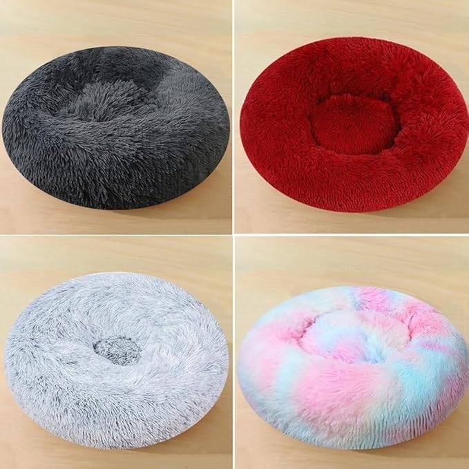 Calming Dog & Cat Bed, 24 Inch Anti-Anxiety Donut Cuddler Cat Bed with Anti-Slip Bottom, Washable Round Fluffy Pet Bed for Small Medium Dogs and Cats (Dark Blue)