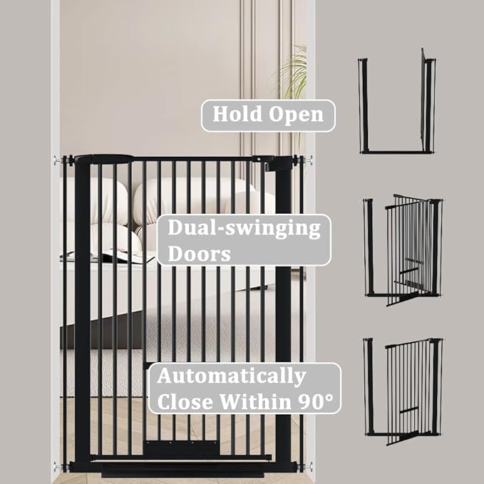 40.55" Tall 1.37" Ultra Narrow Spacing Dogs Pets Baby Gate with Door for Doorway Cat Safety Proof Indoor 30.12-61.61" Extra Wide Puppy Pressure Mounted Black Metal Hallway