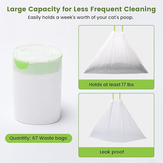 67 Count Waste Drawer Bags for Robot 3 4 and Compatible with Most Self Cleaning Litter Box & ScoopFree Clumping Poop Bin, 9 Gal Kitty Drawstring Liners Leak-proof Disposable Pet Trash Replacement Bags