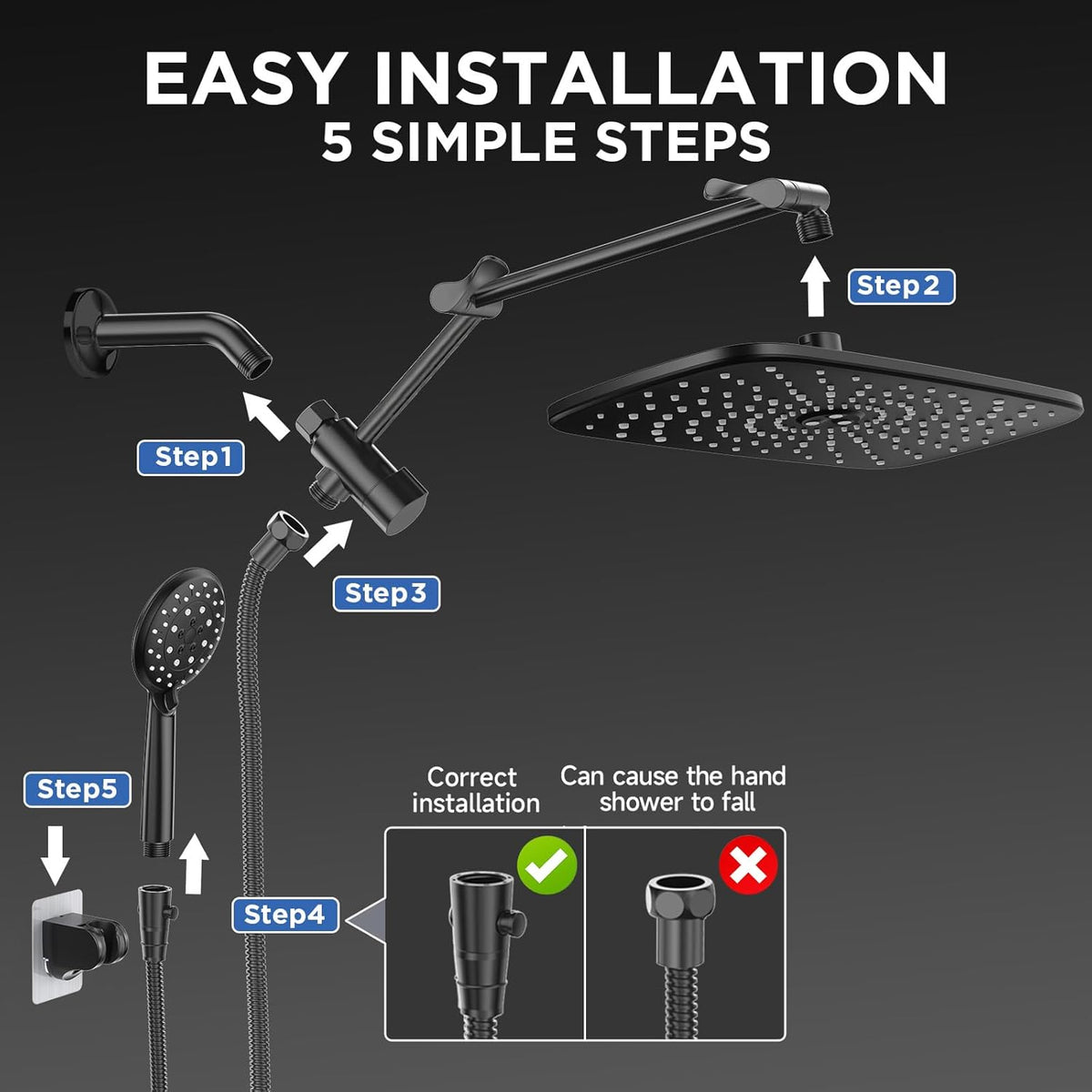 Veken Wide Rain Shower Head with 6 Modes Handheld Water Spray,High Pressure Showerhead Combo with Arm for Bathroom Accessories,Home Decor Adjustable Dual Shower with Anti-Clog Nozzles,Matte Black