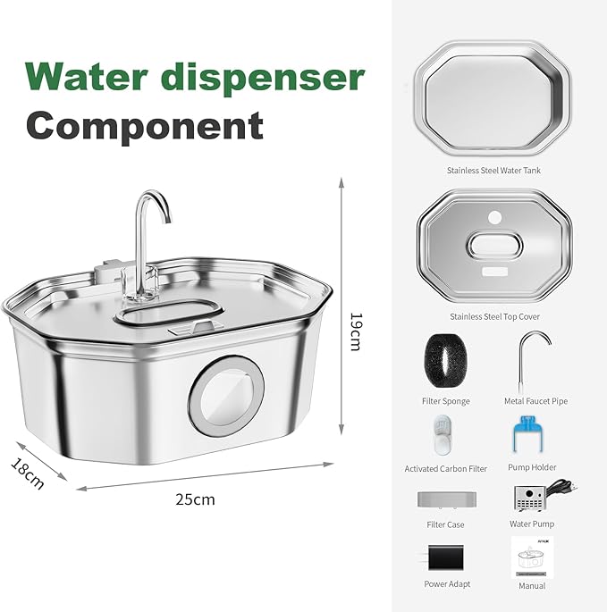 Cat Water Fountain Stainless Steel 108oz/3.2L, APAUK Automatic Pet Fountain Dog Water Dispenser with Water Level Window, Quiet Cat Fountain for Drinking, Inside with Replacement(4 Filters&4 Sponges)