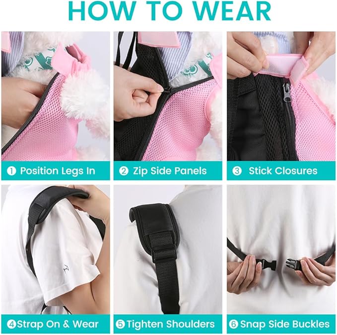 Dog Backpack Carrier, Thick Straps & Cushion, Pet Sling Front Backpacks for Small Medium Dogs 2.5-4 Lbs, Legs Out, Adjustable Wearable Puppy Chest Travel Bag, Easy-Fit for Hiking/Walking/Camping