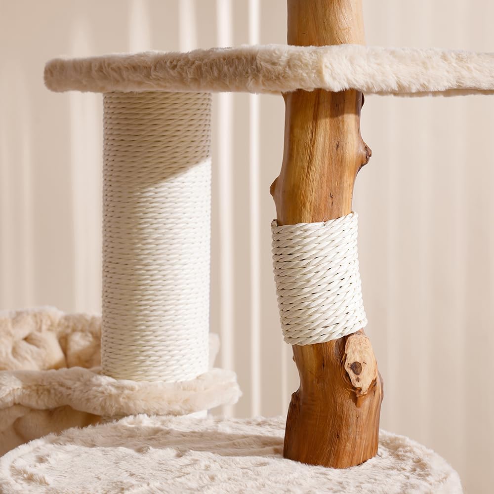 Unique Cat Tree for Indoor Cats,46‘’ Luxury Multifunctional Cat Tower with Natural Wood Scratching Post,Fur Cat Hammock and Viewing Platform,Funny Toy,Comfortable Cat Condo with Stable Cat Base