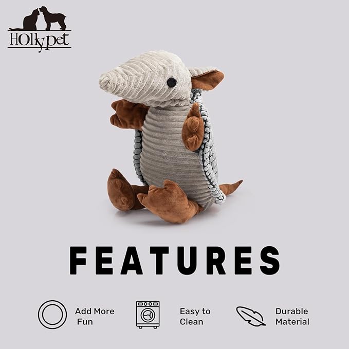 Hollypet Plush Dog Squeaky Toy Stuffed Armadillo Animal Pet Puppy Chew Toys with Clean Teeth for Small Medium Large All Breed Sizes Dogs, Dark Gray, 10 in