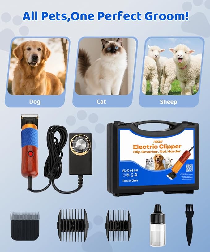 200W Professional Dog Grooming Clippers with Stepless Speed Control, Low Noise <50dB Pet Hair Trimmer Kit, Solid Wood Handle, 2 Blades, Dual-Sided Guide Combs, Heavy-Duty Plug-in Clippers for Cats