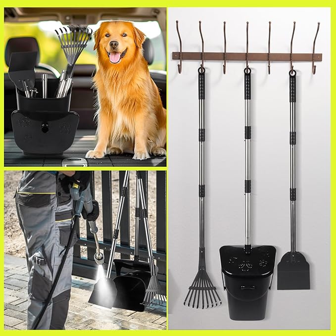 Dog Poop Scooper with 20 Bag Attachment Long Handle Swivel Bin, Rake & Spade Heavy Duty Easy to Clean Pooper Scooper for Large Medium Dogs Pet Waste Removal Solution for Yard, Grass, Gravel