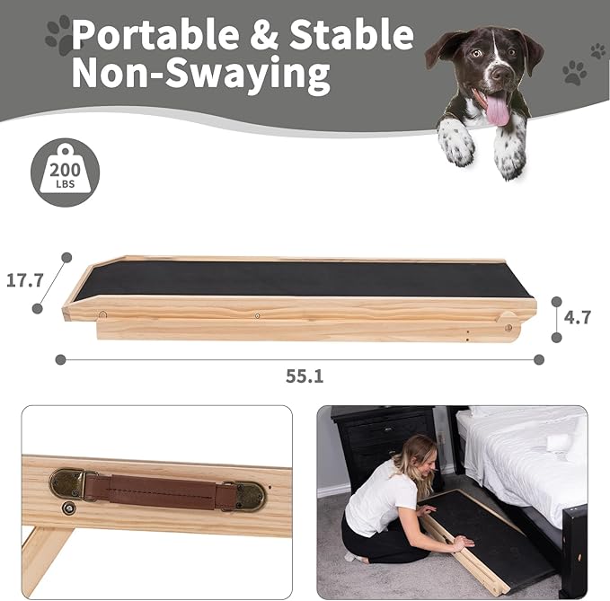 ABORON Antislip Wooden Dog Ramp for High Bed Couch Car, 5-Level Adjustable Folding Pet Ramp for Small & Large Old Dogs & Cats, 17.7" Extra Wide 51" Long, Rubber Mat, Supports up to 200 lbs