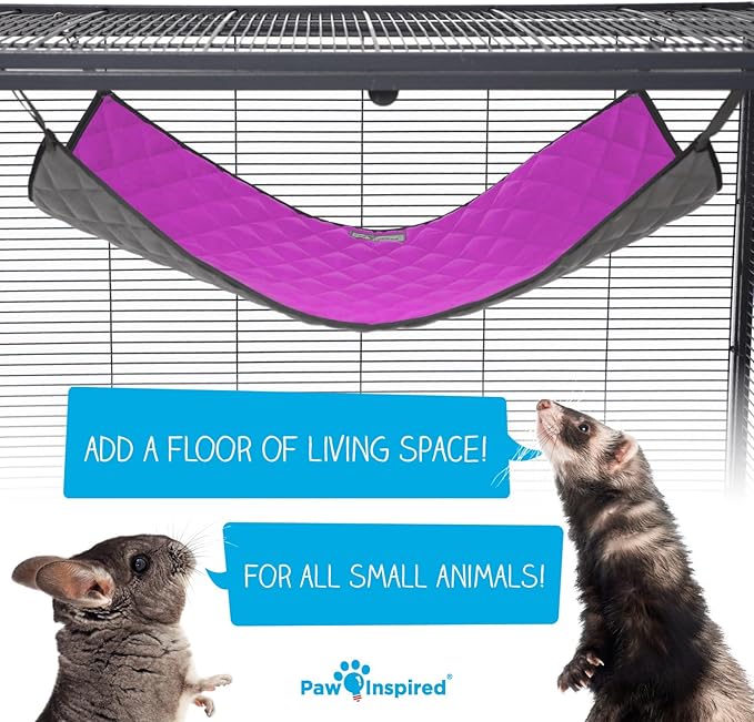 Paw Inspired Hanging Fleece Hammock for Ferrets, Rats, Chinchillas, Sugar Gliders, Small Pets | Hideout Toy for Guinea Pigs, Hamsters | Swivel Clips for Small Animal Cages (Gray/Pink)