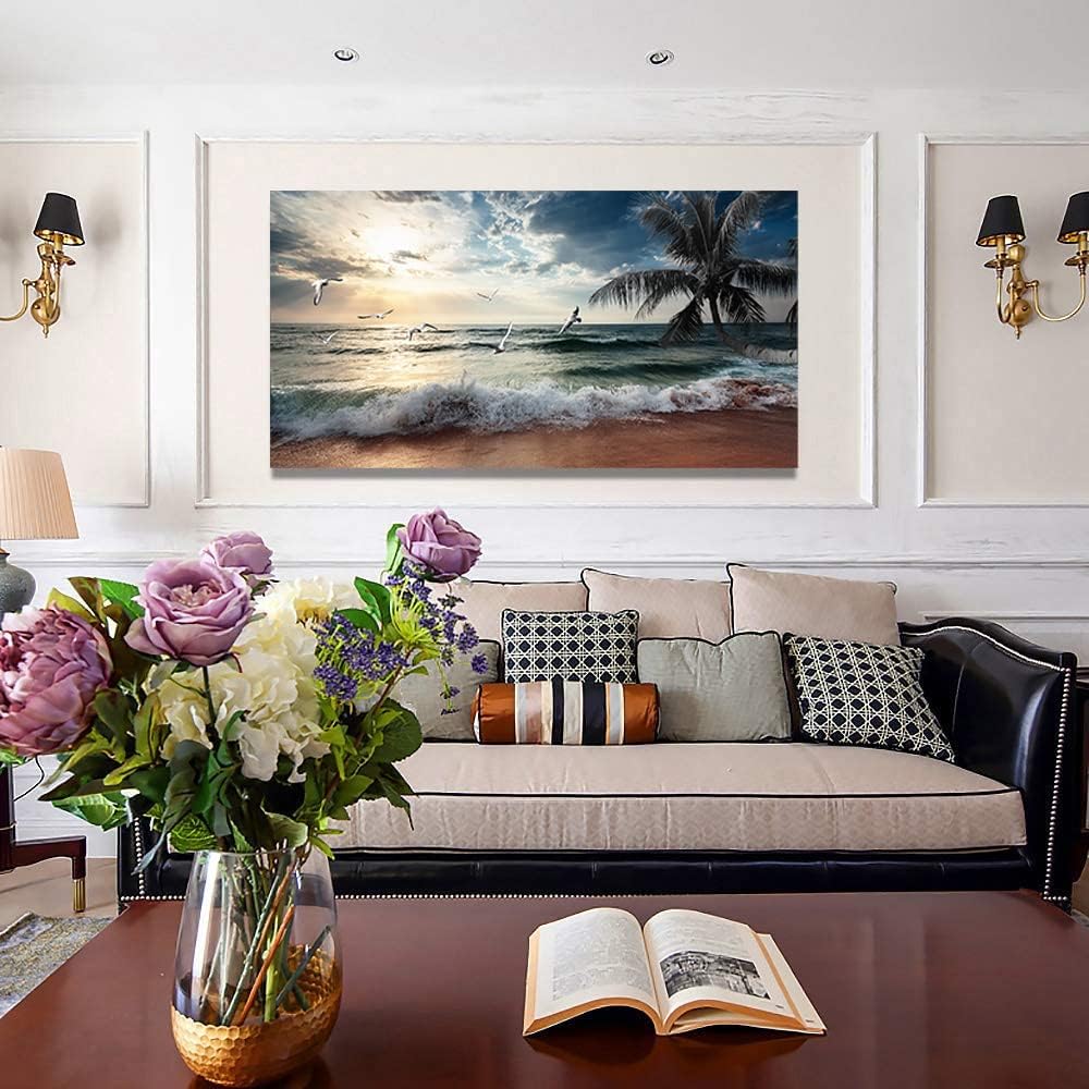 Yxbhhym Large Beach Ocean Canvas Wall Art Coast Sunset Sea Paintings Poster Seascape Picture Palm Artwork for Living Room Bedroom Home Decorations Wall Room Decor Modern Framed 24x48inches
