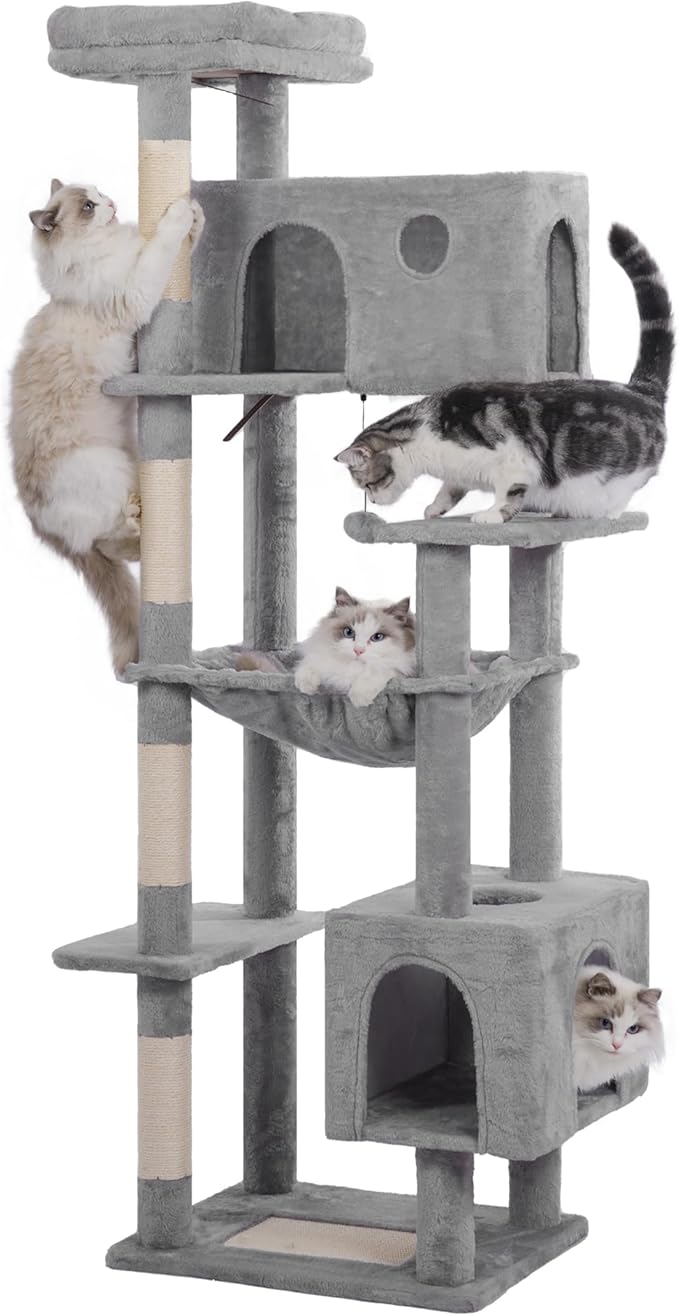 72” Cat Tree for Large Cats Big Cat Tower with Enlarged Hammock 21.6x17.7” Spacious Cats Condo House and Roomy Top Bed and Multiple Scratch Posts for Indoor Adult Cats (Grey, XLarge-72)