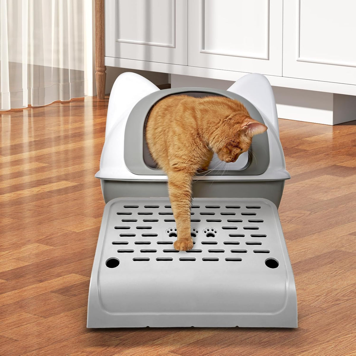 Cat Ramp for Litter Box Step, Stainless Steel Automatic Litter Box Ramp Cat Steps Mat with Filter Function, Double Layered Self Cleaning Cat Stairs with Storage Space for Litter Catcher (Grey)