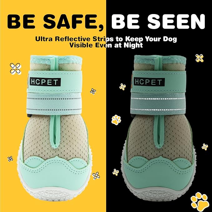Hcpet Dog Shoes for Large Dogs, Breathable Dog Booties for Small Medium Dogs, Anti-Slip Dog Boots & Paw Protectors for Hot Pavement Winter Snow Hiking with Reflective Straps Green Size 3