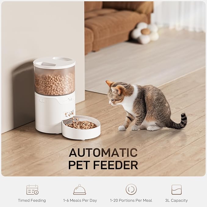 Automatic Cat Feeder: 3L Auto Food Dispenser with Timed Feeding| 6 Meal Programmable& 1-20 Portion Precise Control- Easy to Clean & Setup for Cat Indoor| Desiccant Bag Keep Food Fresh