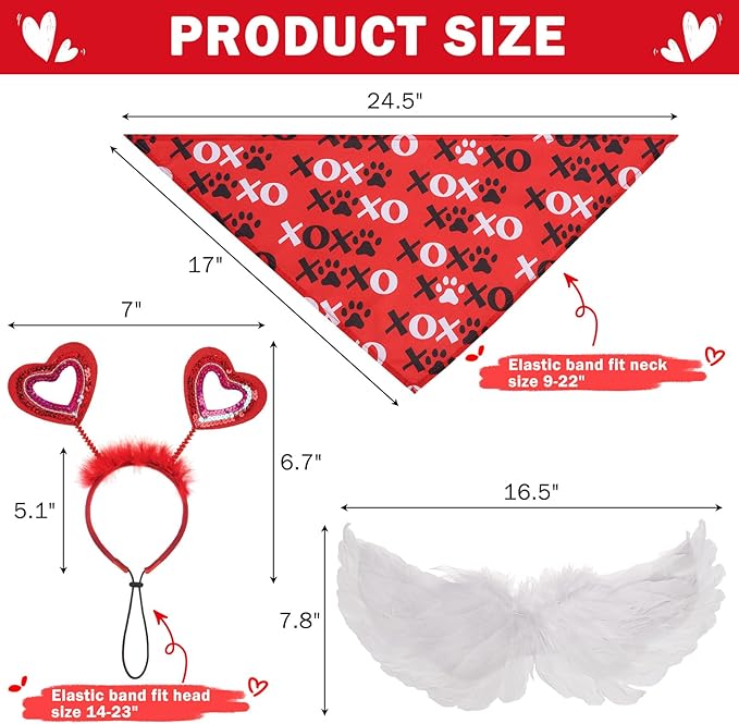SCENEREAL Dog Outfit/Birthday Bandana with Feather Wing & Heart Headband Dogs Girls Set, Red Puppy Kitty Party Supplies for Small Medium Dogs Cats, Pet Costumes