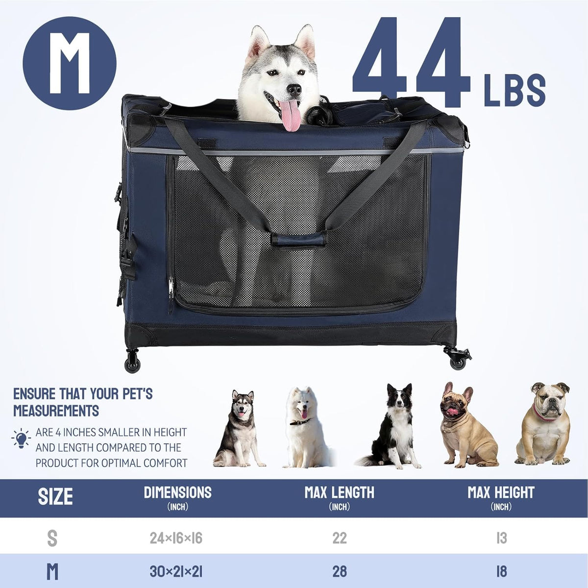 30IN Soft Collapsible Dog Crate w Detachable Wheels, Rolling Travel Dog Crate for Medium Breed Dogs, Portable Dog Kennel with Mesh Windows, Indoor & Outdoor Uses