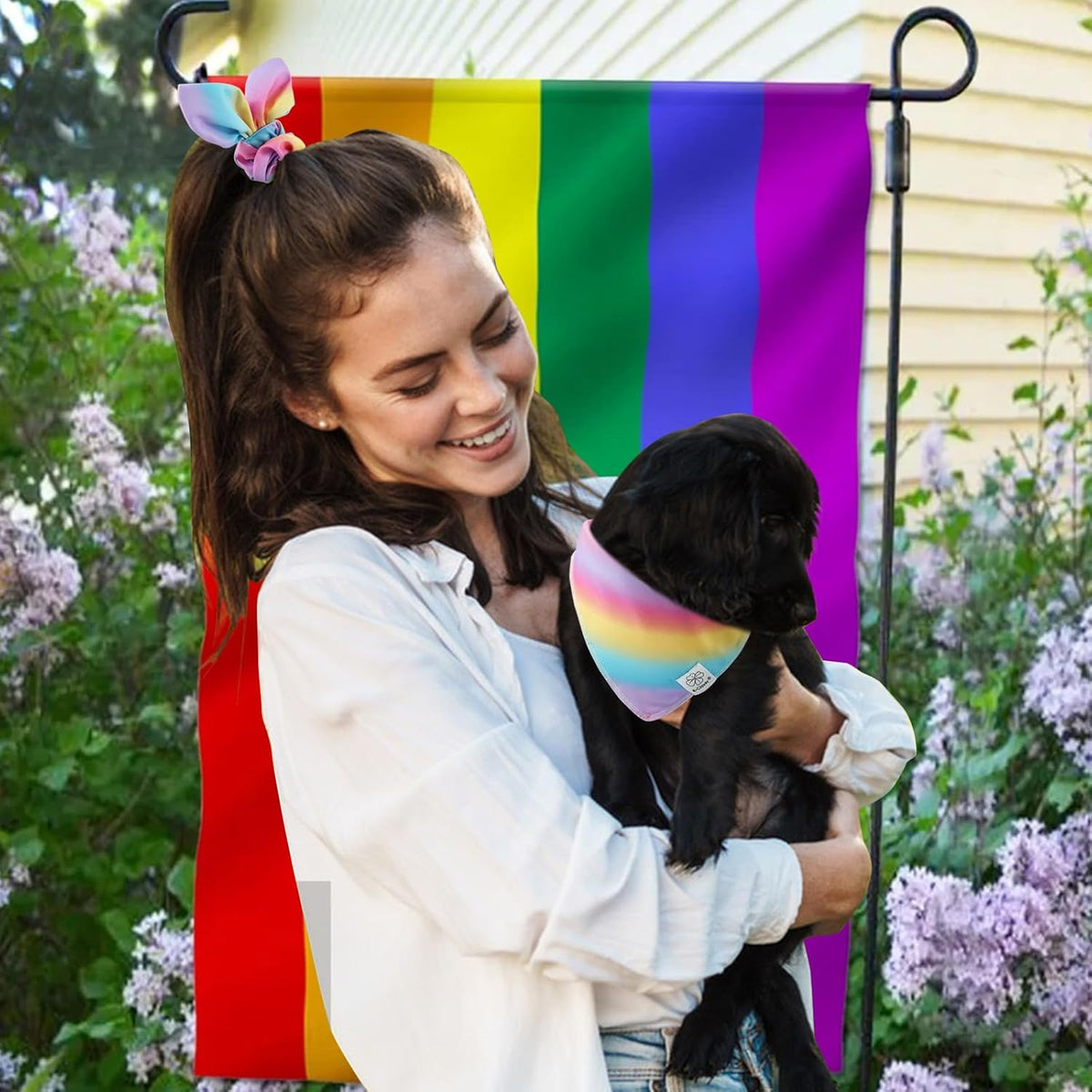 E-Clover Rainbow Dog Bandana & Matching Scrunchie Pink Purple Yellow Pet Dog Scarf Cute Dog Costumes Accessories for Small Medium Large Dogs