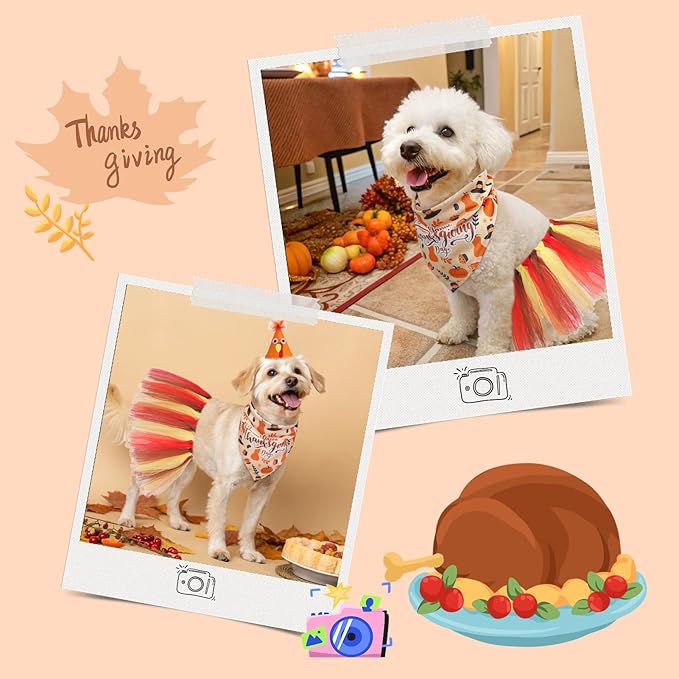 SCENEREAL Thanksgiving Dog Bandana Dress with Hat Set, Pet Turkey Costume for Small Medium Sized Dogs, Cute Tutu Skirt Outfit for Party Halloween