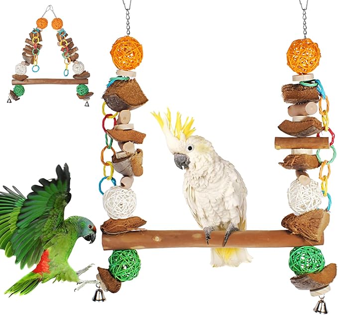 3-in-1 Parrot Toys Natural Coconut Fiber Parrot Hammock (Swing + Perch + Chew Toy) Natural Bird Perches for Medium Large Birds - 23" Bird Toys for Parrots Stand