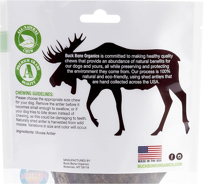 Buck Bone Organics Dog Chews, Moose Antlers for Dogs, Long Lasting Dog Bones for Aggressive Chewers, All Natural, No Preservatives, Wild Shed in The USA (Medium)