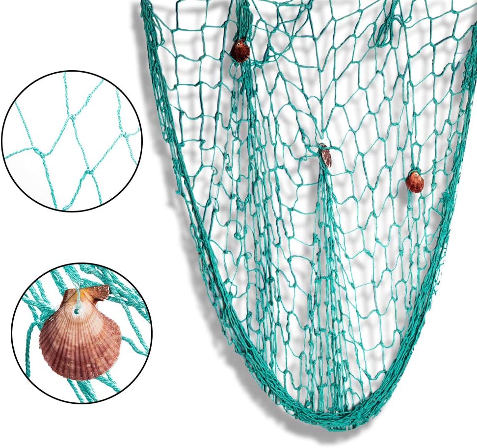 Rosoz Nature Fish Net Wall Decoration with Shells, Ocean Themed Wall Hangings Fishing Net Party Decor for Pirate Party,Wedding,Photographing Decoration (Aqua)