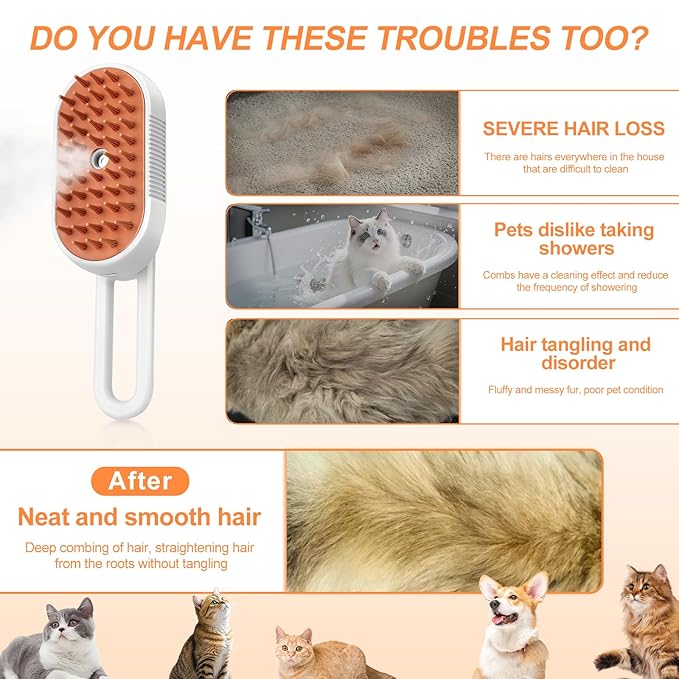 Steam Brush for Cat & Dog – 3-in-1 Spritz Pet Spray Hair Removal Comb for Grooming & Shedding Steam – Water Brush for Long & Short Haired Pets– Includes Two Bottles Waterless Shampoo