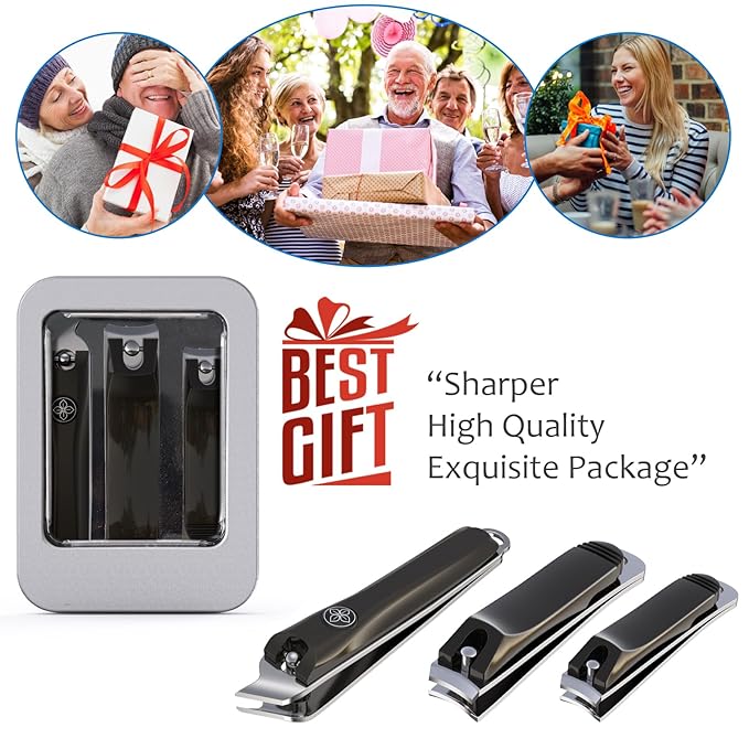 GLAMFIELDS 3pcs Nail Clippers Set, Black Stainless Steel Slanted Edge Nail Clipper & Fingernail & Thick Toenail Trimmer for Men and Women