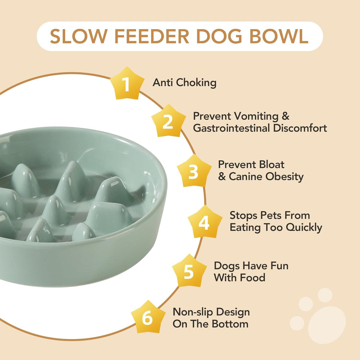 6.1inch Dog Bowl Slow Feeder Ceramic, Slow Pet Food Dish for Small Dog and Cat, Stop Bloat, Preventing Choking(Single Bowl, Beige)
