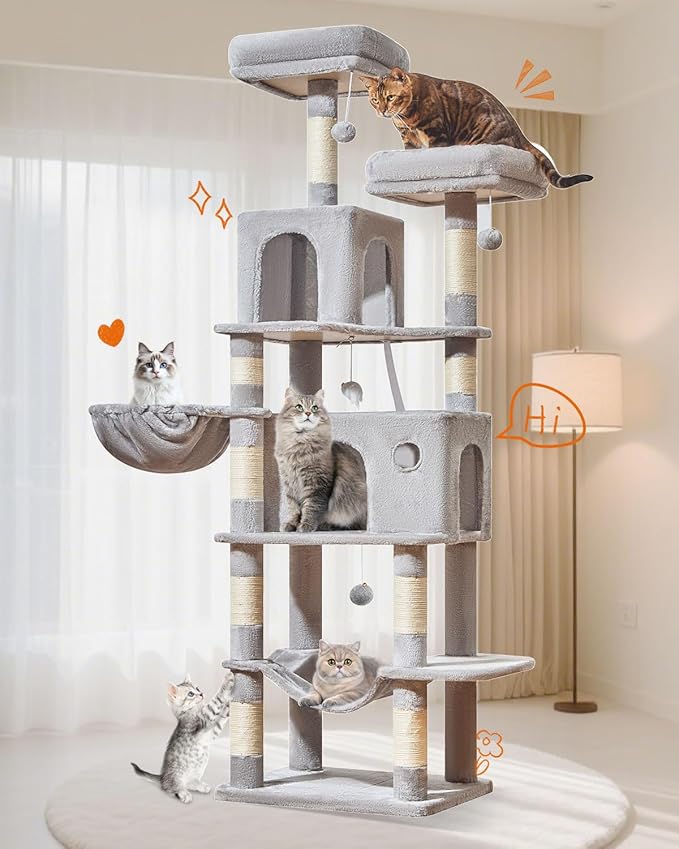 Taoqimiao Large Cat Tree,73-Inch Cat Tree Tower with 9 Scratching Posts for Indoor Cats, 2 Large Cat Condo with Hammock, Hanging Basket, 2 Extended Platform, Light Gray MS013XLW