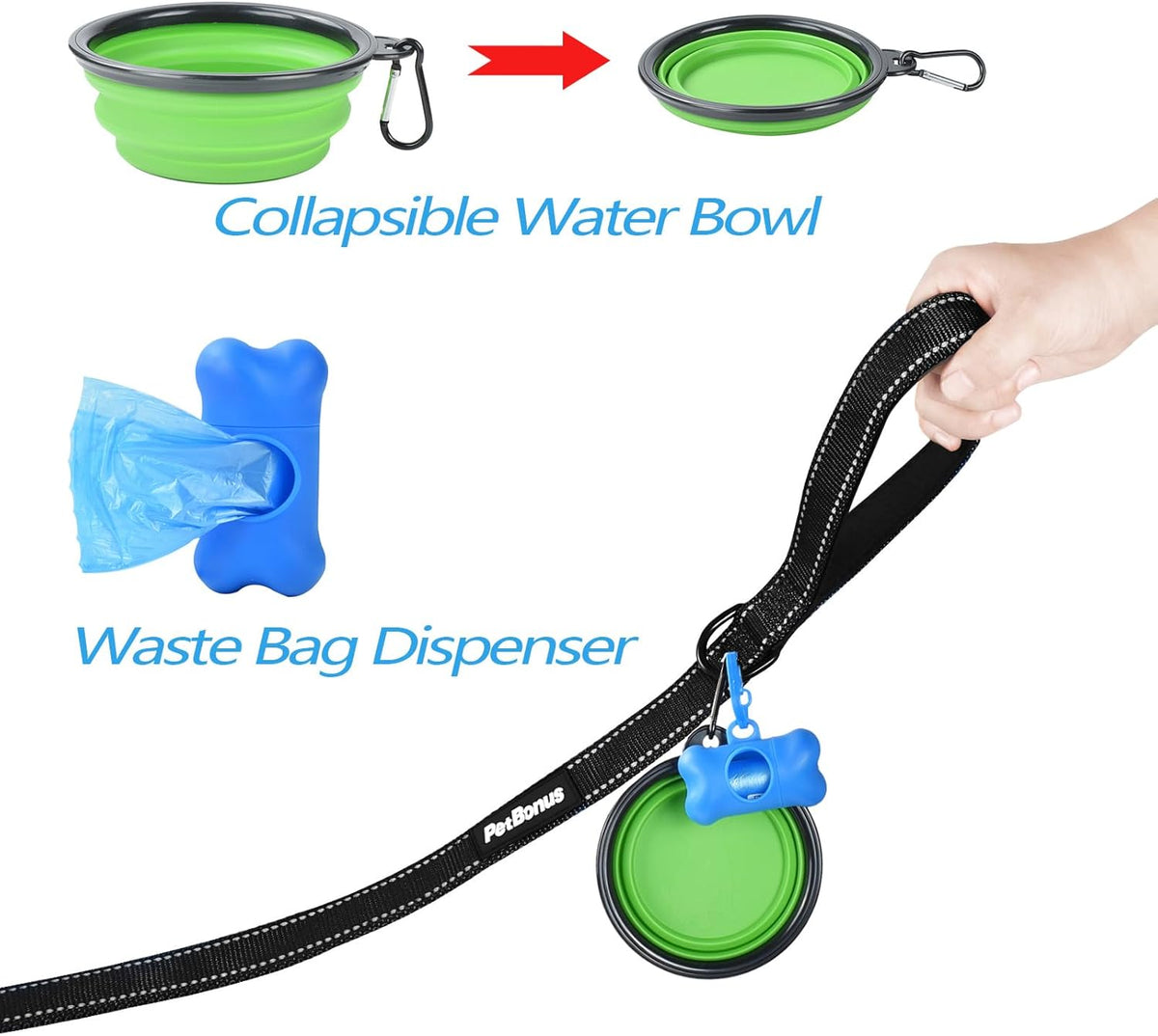 PetBonus Double Dog Leash, No Tangle Dual Leash, Reflective Walking Training Lead, 4 Comfortable Padded Handles for 2 Dogs with Collapsible Bowl and Waste Bags (Black, Large)