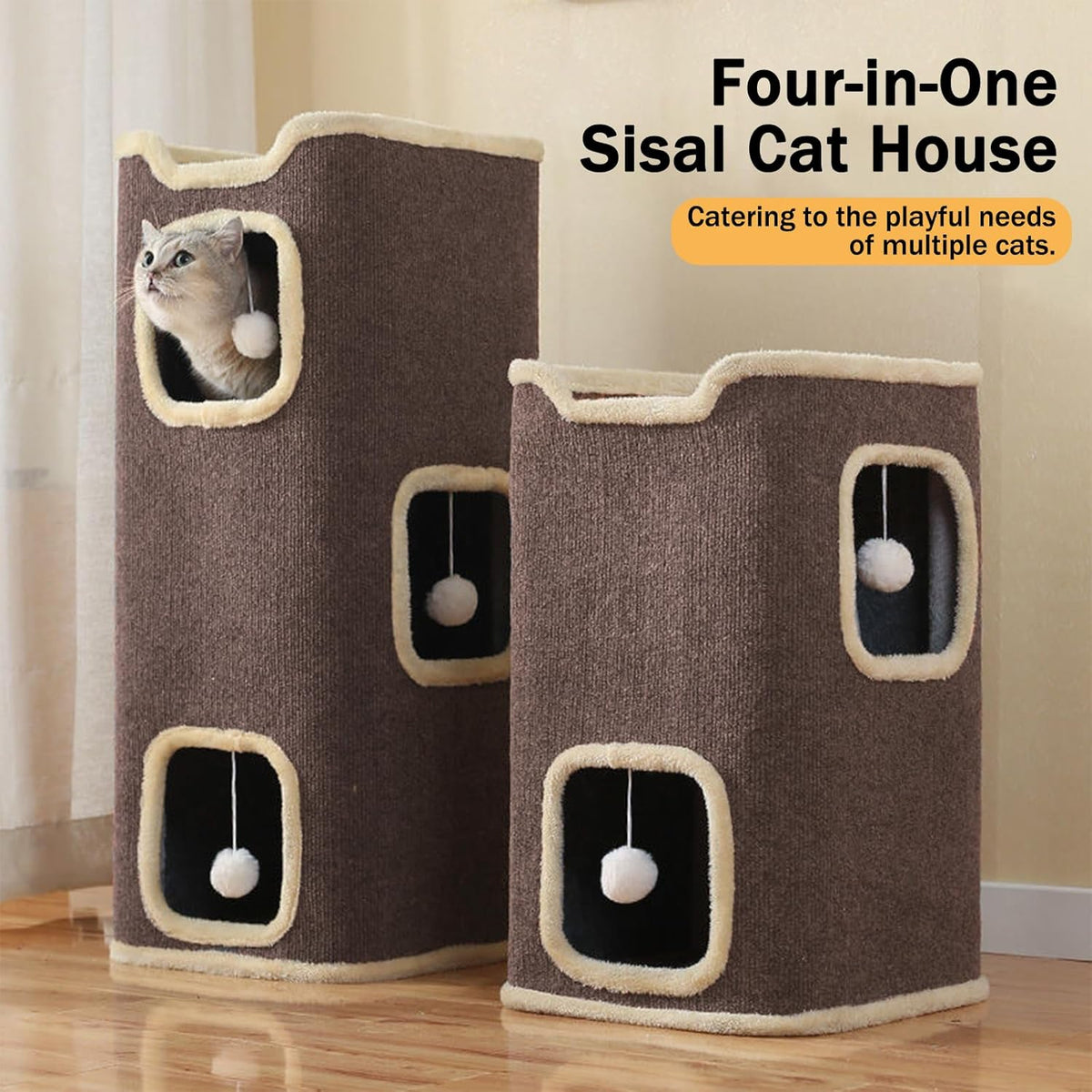 Empet Cat House for Indoor Cats Beds, Multi-Level Cat Condo, Foldable Cave Bed Brown, 2L