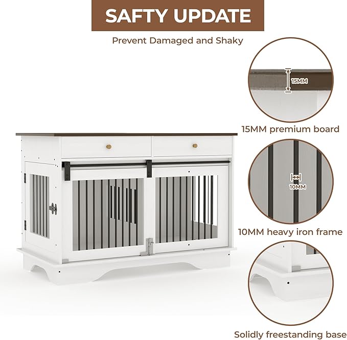 Dog Furniture Crate, 47" Large Dog Crate Furniture w/ 2 Storage Draws & Removable Divider for Large/Medium/Small Dogs (White, One Cage)
