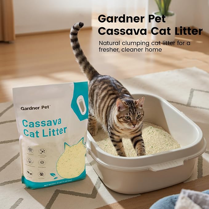 Gardner Pet Cassava Cat Litter, Clumping Cat Litter with Odor Control, Low Dust, Natural Plant-Based Litter, Fast Absorption & Low Tracking Kitty Litter, Unscented with Deodorizing Pellets (9LBS*4)