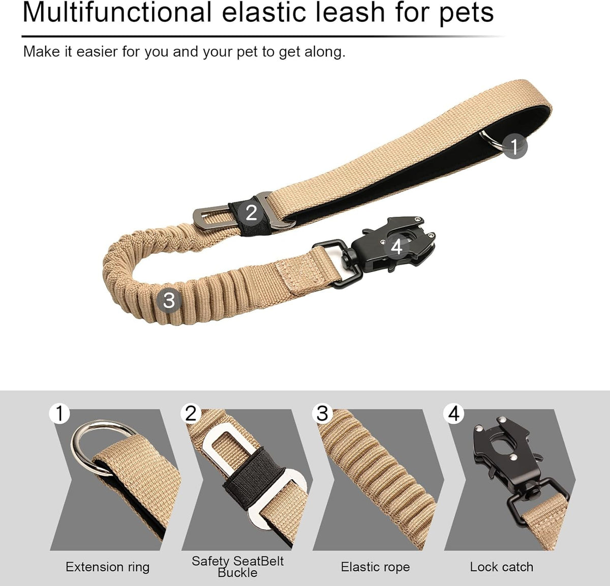 20” Strong Short Leash for Dog, Heavy Duty Bungee Dogs Leash with Padded Handle Car Seatbelt, Small Dog Training Leashs for Large or Medium Dogs - Can be Used with Other leashes (Khaki)
