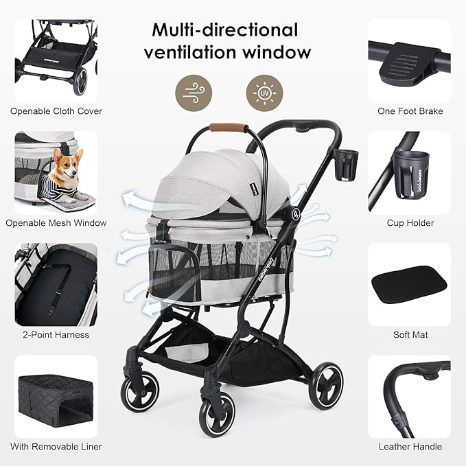 T3 3 in 1 Small Pet Stroller for Dogs & Cats, 4 Wheels for Dogs with Detachable Carrier with Pad, Canopy and Cup Holder, Grey