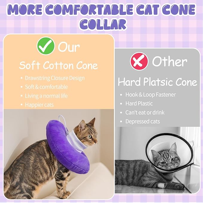 BRKURLEG Cat Recovery Collar Soft Cat Cones Pet Neck Protector Adjustable Kitten Cones to Stop Licking After Surgery Pet Elizabethan Collar for Cats Kittens, Purple, L