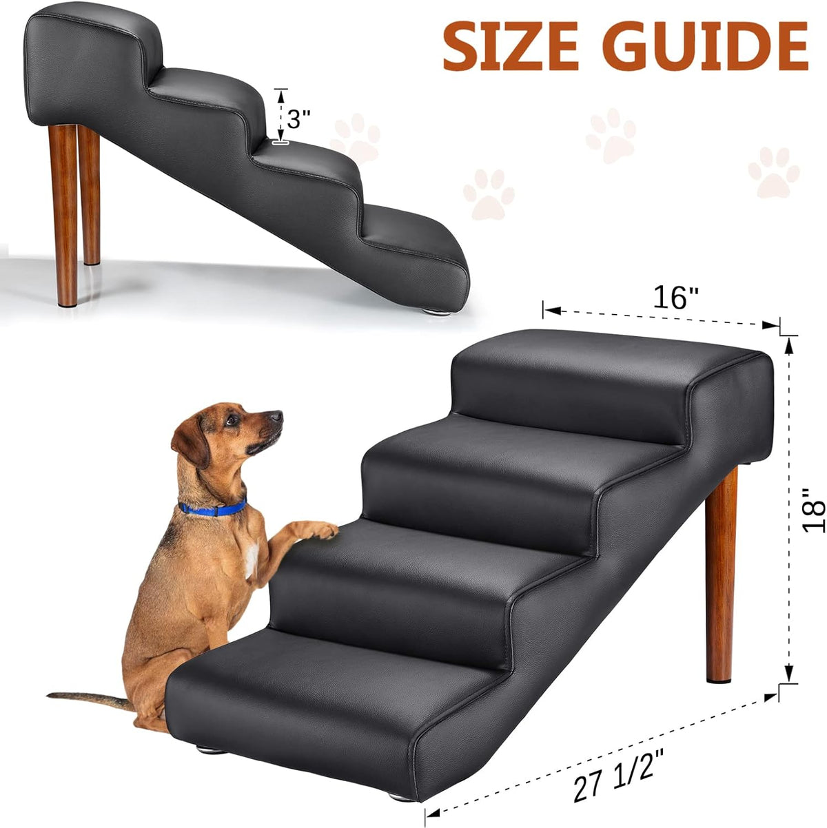 Senneny Black Faux Leather Dog Stairs, for Pets up to 150 lbs, Waterproof, Scratch Resistant Pet Steps/Stairs with High Density Foam and Detachable Wooden Legs, Black, 4 Step