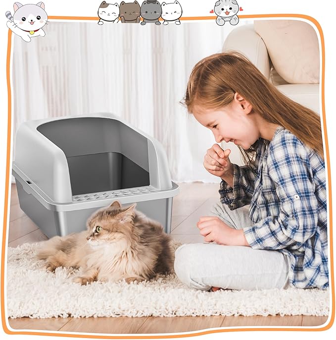 2 Pack Stainless Steel Litter Box, 24'' XL Extra Large Cat Litter Box with Lid, Metal Litter Boxes for Multiple Cats, Anti-Leakage,Non-Stick, Easy to Clean, Included Cat Litter Mat, Scoop